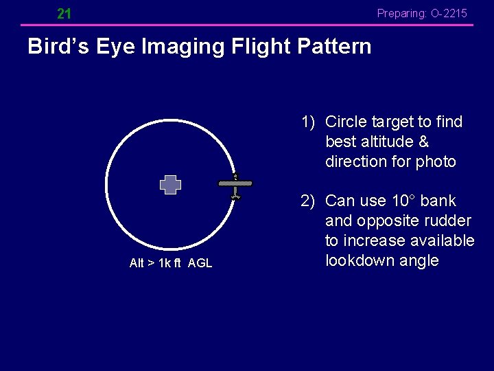 21 Preparing: O-2215 Bird’s Eye Imaging Flight Pattern 1) Circle target to find best 21 Preparing: O-2215 Bird’s Eye Imaging Flight Pattern 1) Circle target to find best