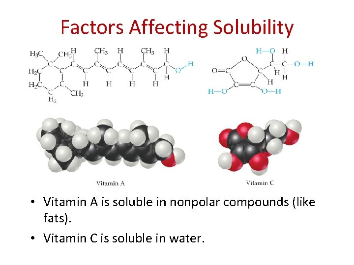 Factors Affecting Solubility • Vitamin A is soluble in nonpolar compounds (like fats). •