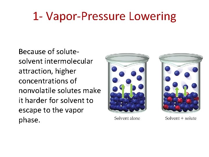1 - Vapor-Pressure Lowering Because of solutesolvent intermolecular attraction, higher concentrations of nonvolatile solutes