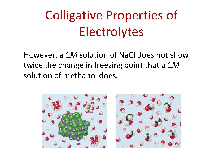Colligative Properties of Electrolytes However, a 1 M solution of Na. Cl does not