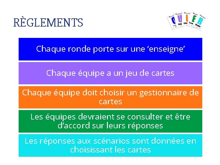 RÈGLEMENTS Chaque ronde porte sur une ‘enseigne’ Chaque équipe a un jeu de cartes