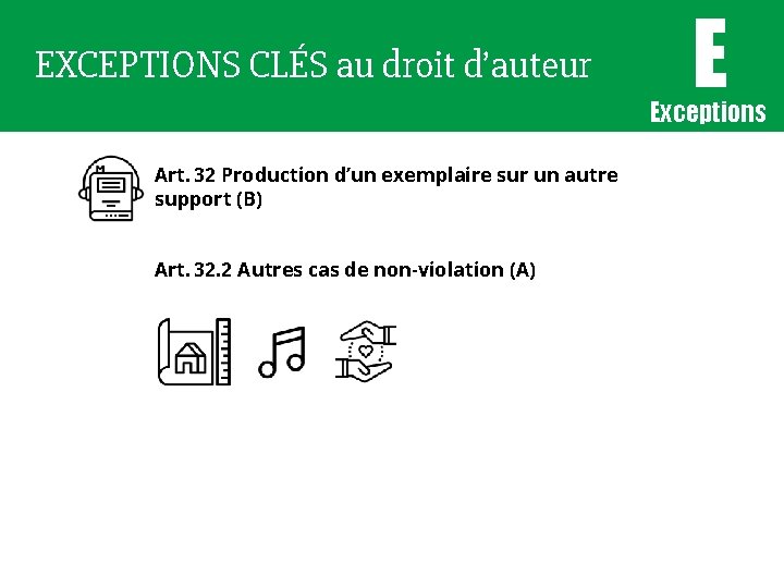 EXCEPTIONS CLÉS au droit d’auteur E Exceptions Art. 32 Production d’un exemplaire sur un