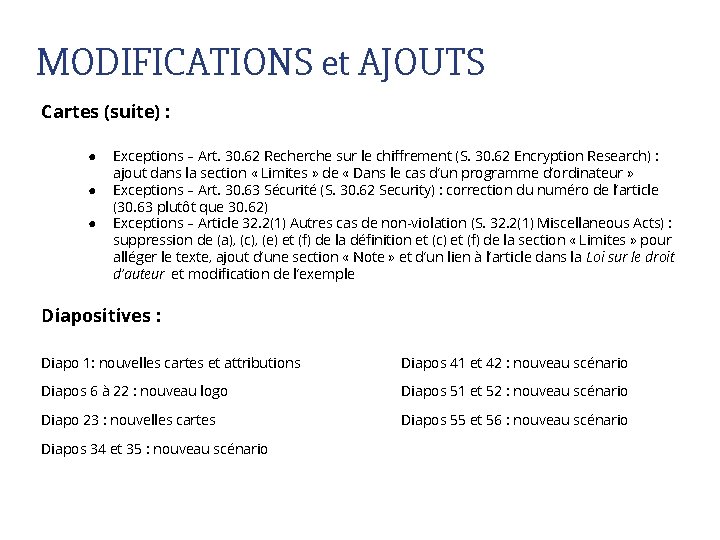 MODIFICATIONS et AJOUTS Cartes (suite) : ● ● ● Exceptions – Art. 30. 62