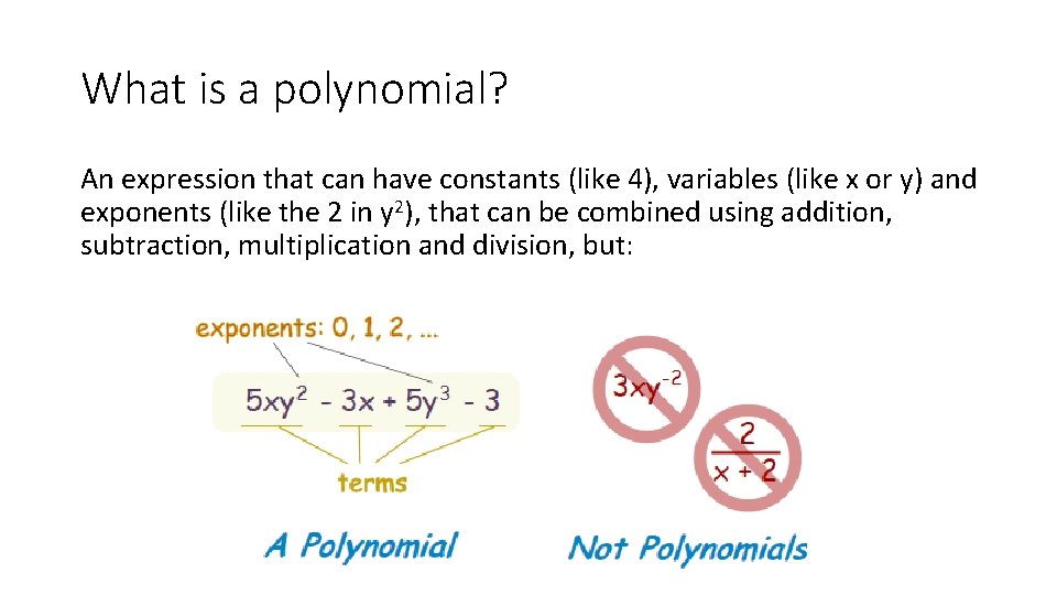 What is a polynomial? An expression that can have constants (like 4), variables (like