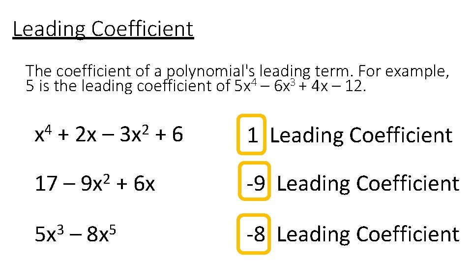 Leading Coefficient The coefficient of a polynomial's leading term. For example, 5 is the