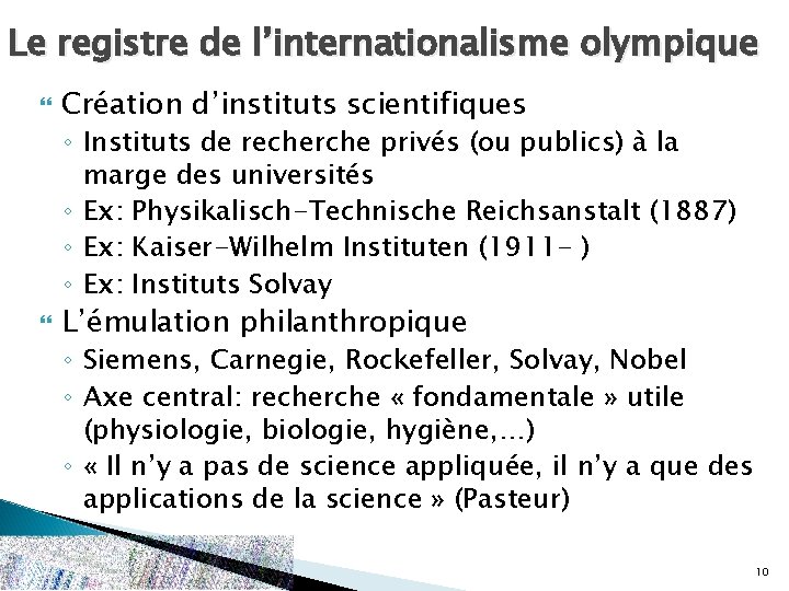 Le registre de l’internationalisme olympique Création d’instituts scientifiques ◦ Instituts de recherche privés (ou