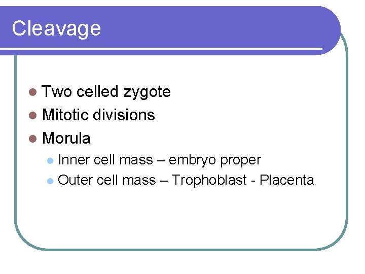 Cleavage l Two celled zygote l Mitotic divisions l Morula Inner cell mass –