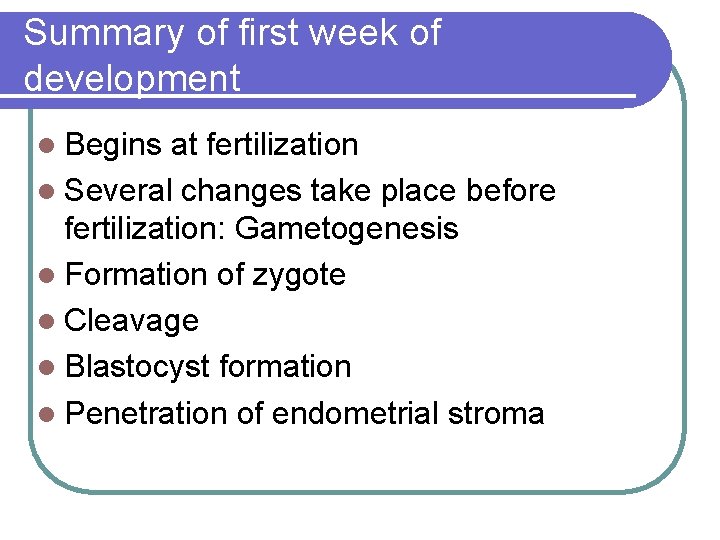 Summary of first week of development l Begins at fertilization l Several changes take