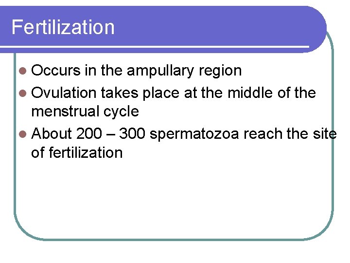 Fertilization l Occurs in the ampullary region l Ovulation takes place at the middle