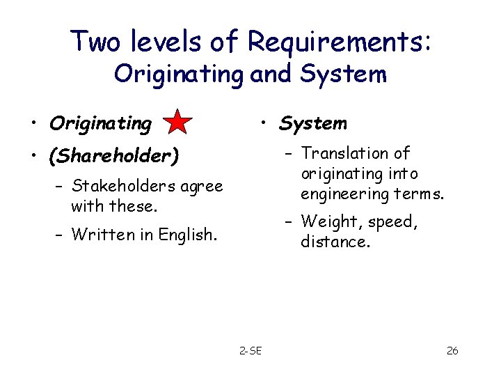 Two levels of Requirements: Originating and System • Originating • System – Translation of