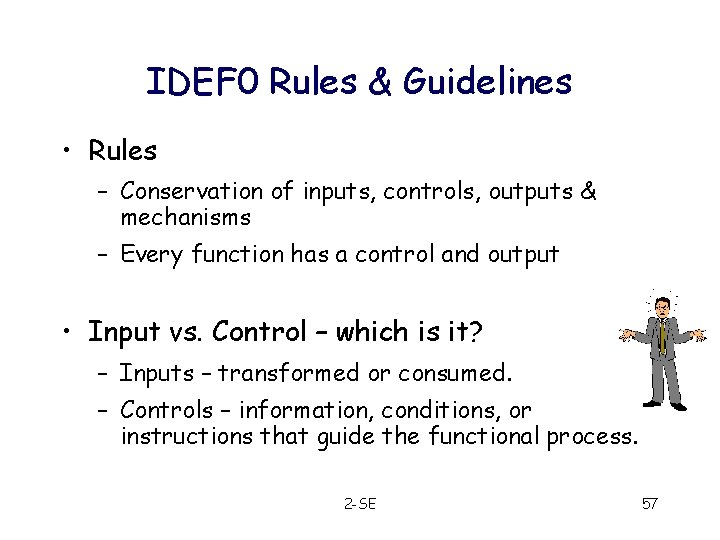 IDEF 0 Rules & Guidelines • Rules – Conservation of inputs, controls, outputs &