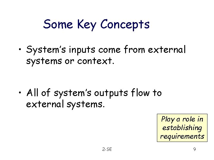 Some Key Concepts • System’s inputs come from external systems or context. • All