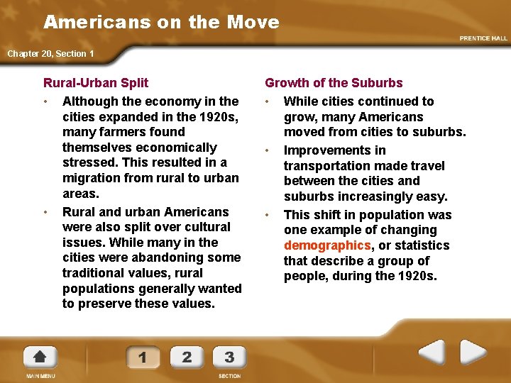 Americans on the Move Chapter 20, Section 1 Rural-Urban Split • Although the economy