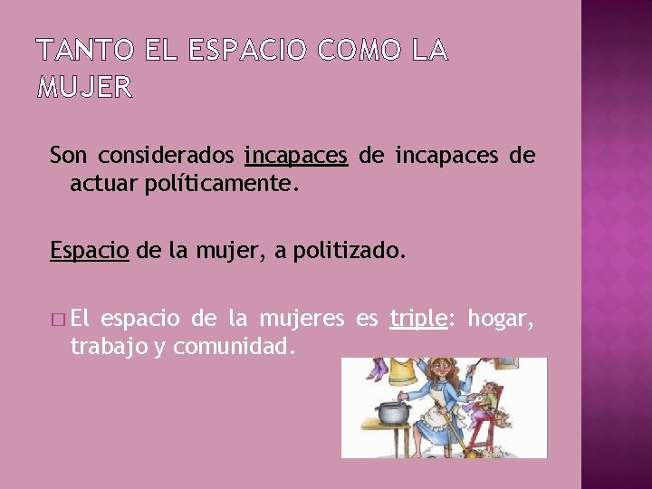 TANTO EL ESPACIO COMO LA MUJER Son considerados incapaces de actuar políticamente. Espacio de