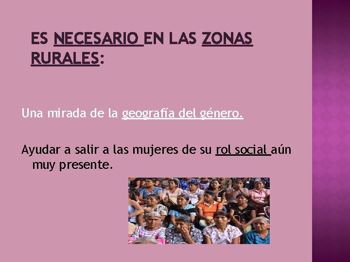 ES NECESARIO EN LAS ZONAS RURALES: Una mirada de la geografía del género. Ayudar