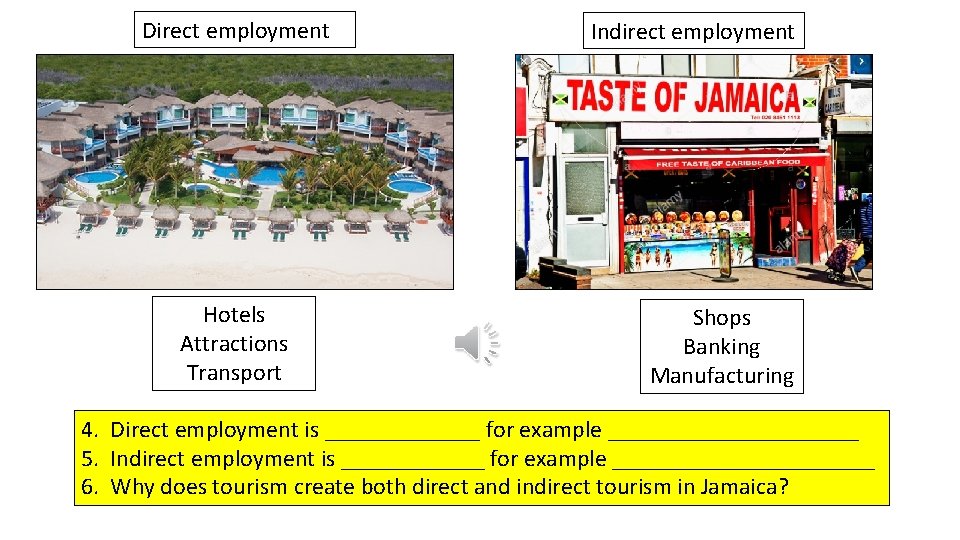 Direct employment Hotels Attractions Transport Indirect employment Shops Banking Manufacturing 4. Direct employment is