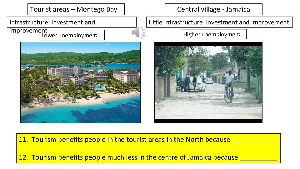 Tourist areas – Montego Bay Infrastructure, Investment and improvement Lower unemployment Central village -