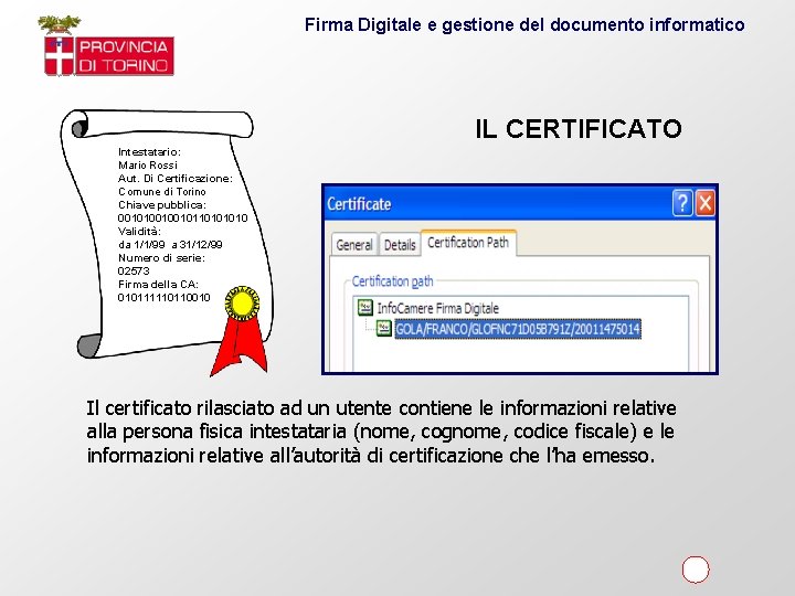 Firma Digitale e gestione del documento informatico IL CERTIFICATO Intestatario: Mario Rossi Aut. Di