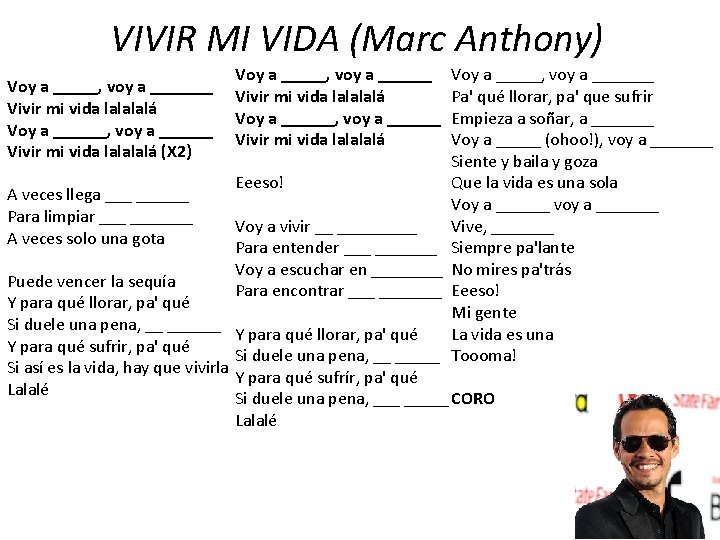 VIVIR MI VIDA (Marc Anthony) Voy a _____, voy a _______ Vivir mi vida