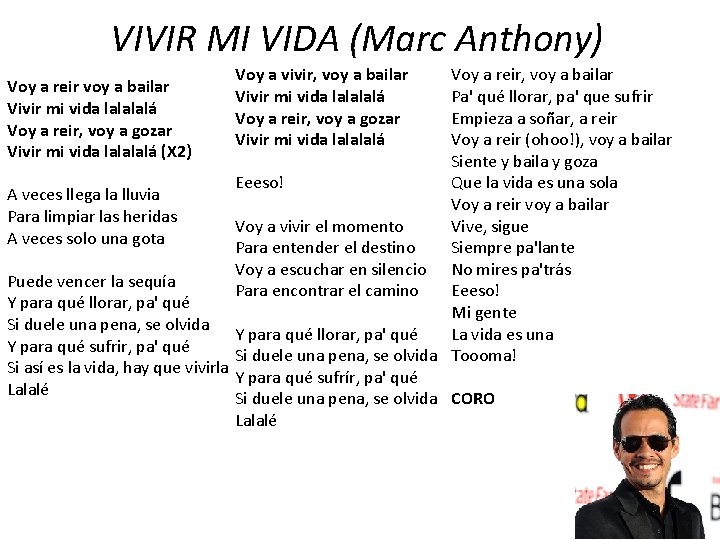 VIVIR MI VIDA (Marc Anthony) Voy a vivir, voy a bailar Vivir mi vida