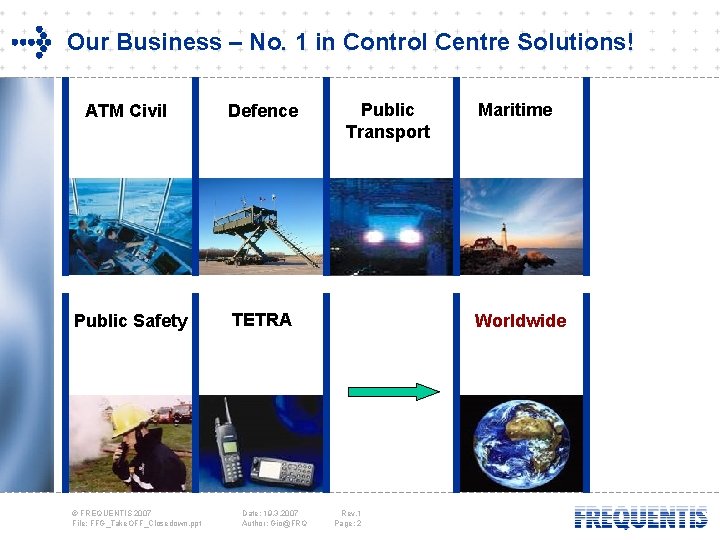 Our Business – No. 1 in Control Centre Solutions! ATM Civil Defence Public Safety