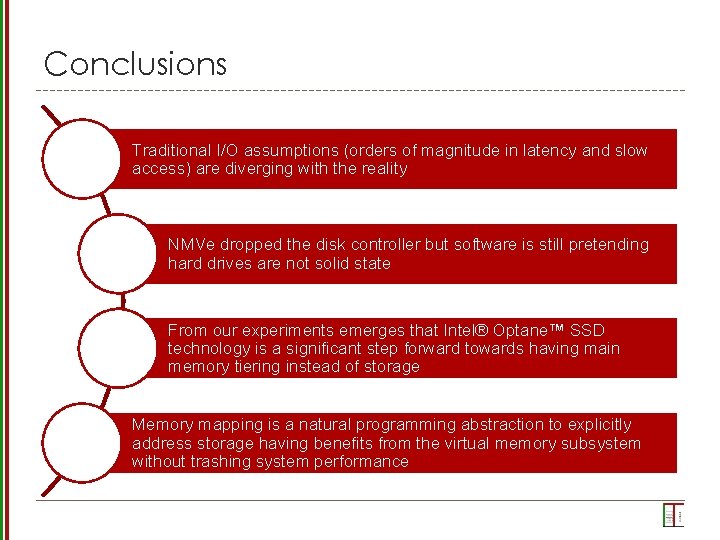 Conclusions Traditional I/O assumptions (orders of magnitude in latency and slow access) are diverging