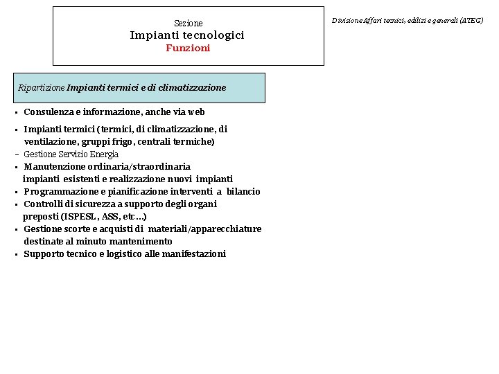 Sezione Impianti tecnologici Funzioni Ripartizione Impianti termici e di climatizzazione • Consulenza e informazione,