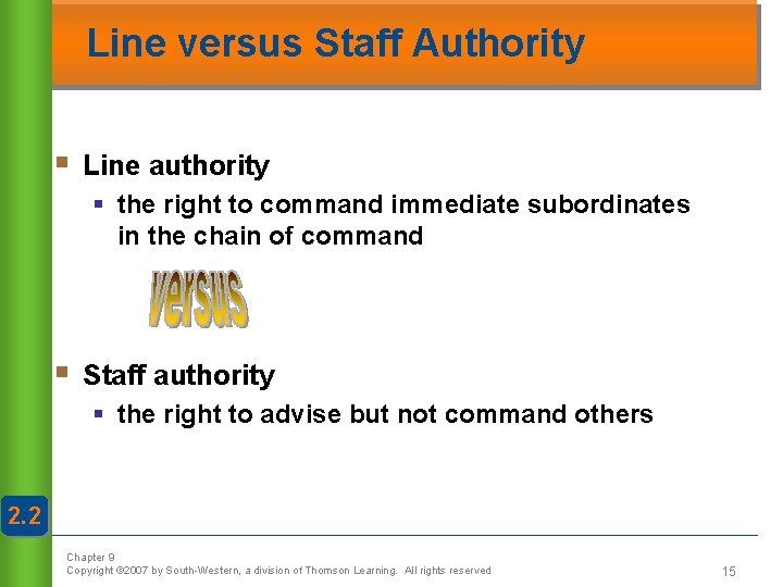 Line versus Staff Authority § Line authority § the right to command immediate subordinates