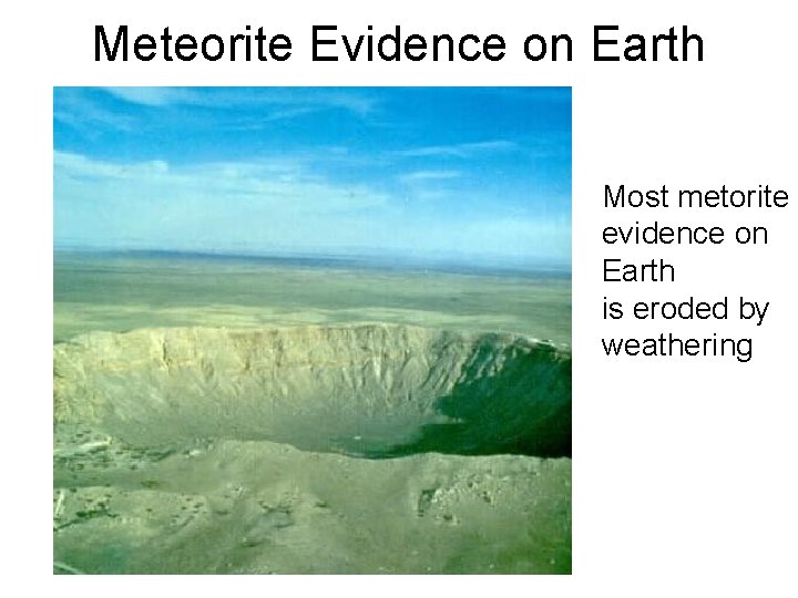 Meteorite Evidence on Earth Most metorite evidence on Earth is eroded by weathering 