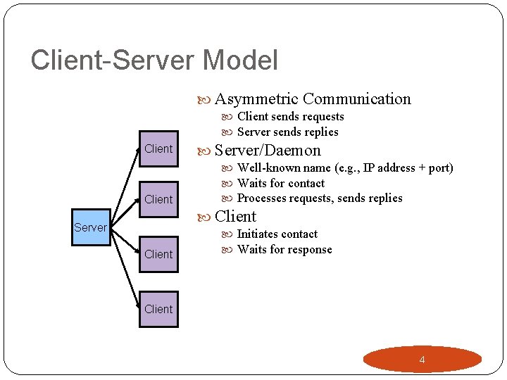 Client-Server Model Asymmetric Communication Client sends requests Server sends replies Client Server/Daemon Well-known name