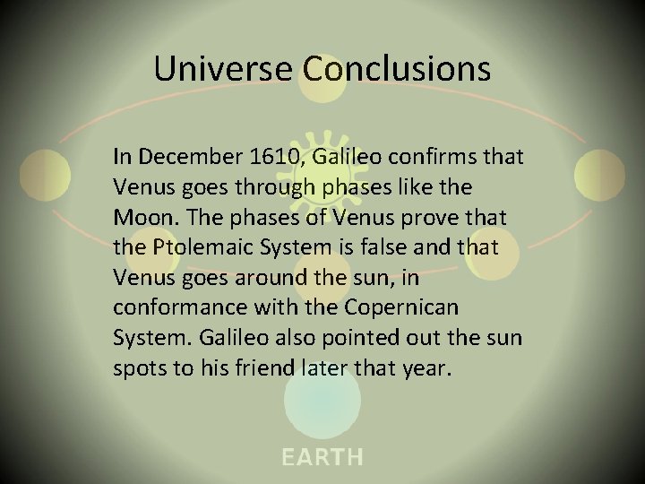 Universe Conclusions In December 1610, Galileo confirms that Venus goes through phases like the