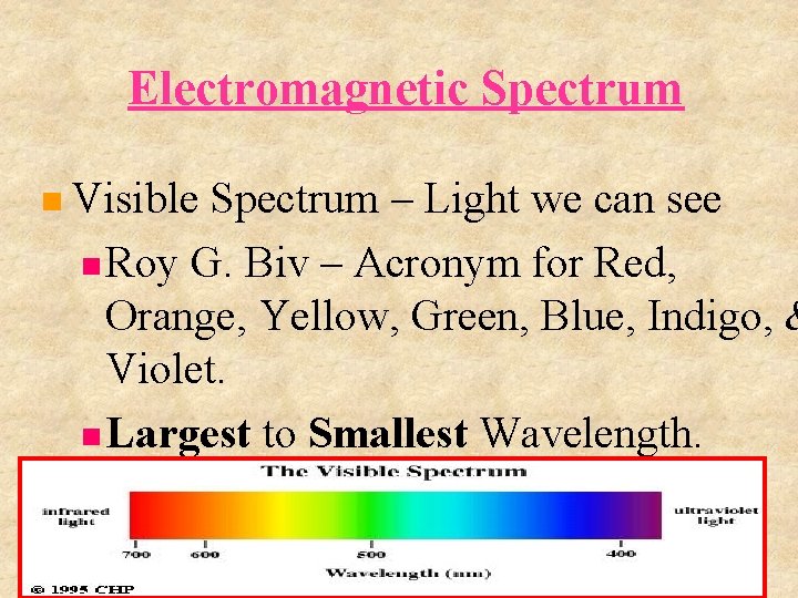 Electromagnetic Spectrum Visible Spectrum – Light we can see Roy G. Biv – Acronym
