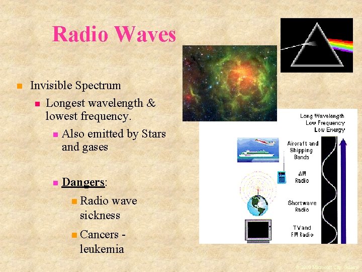 Radio Waves Invisible Spectrum Longest wavelength & lowest frequency. Also emitted by Stars and