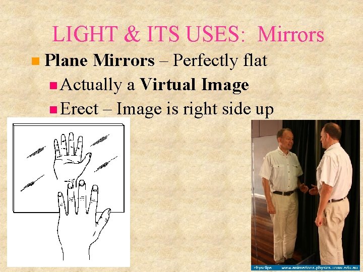 LIGHT & ITS USES: Mirrors Plane Mirrors – Perfectly flat Actually a Virtual Image