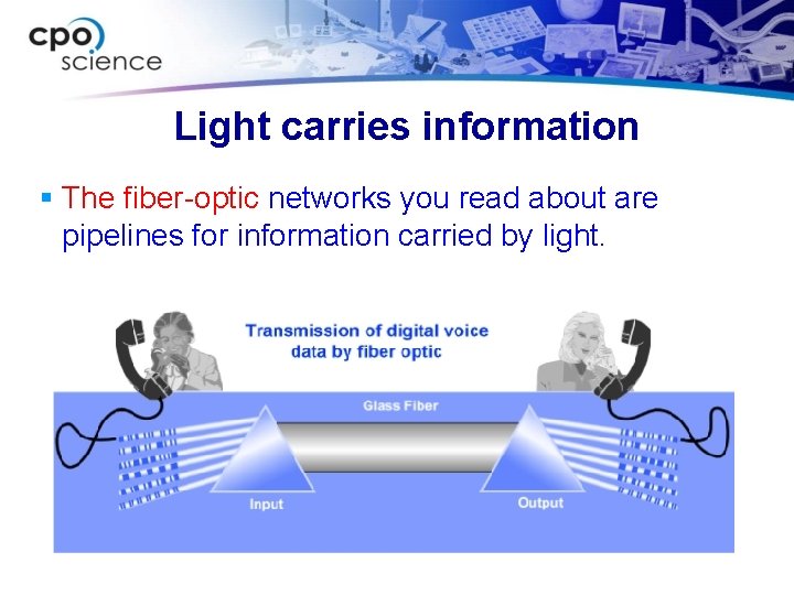 Light carries information The fiber-optic networks you read about are pipelines for information carried