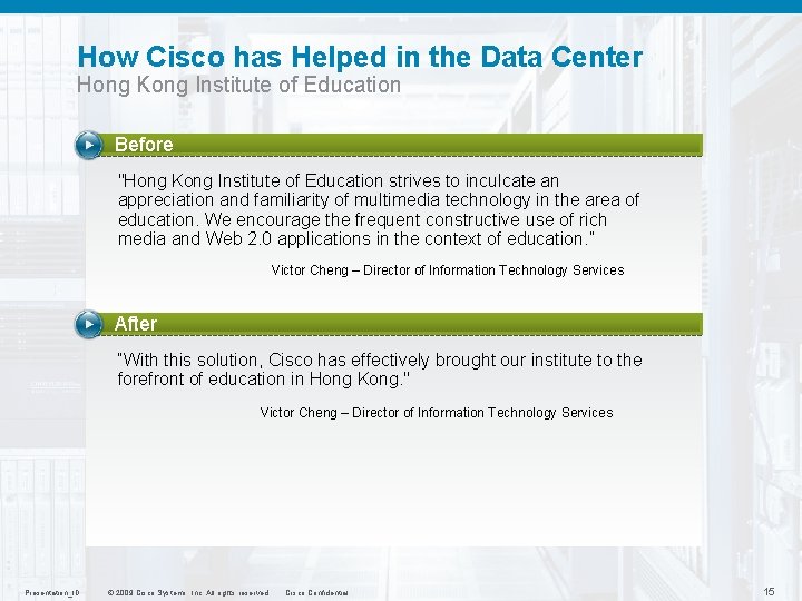 How Cisco has Helped in the Data Center Hong Kong Institute of Education Before