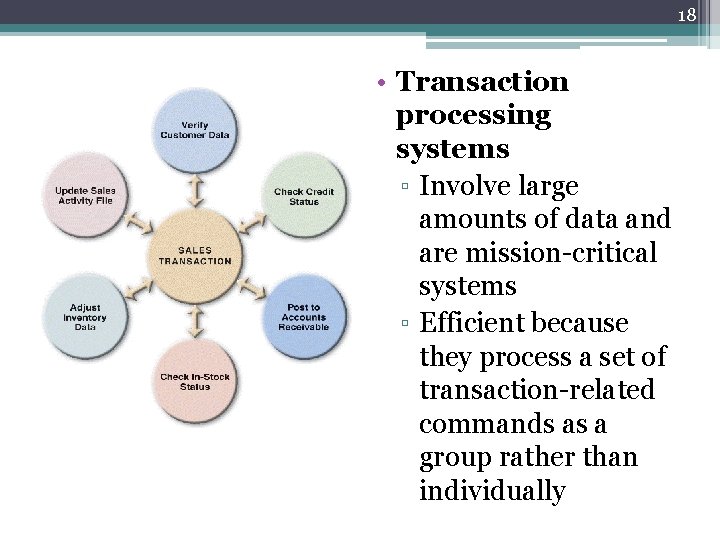 18 • Transaction processing systems ▫ Involve large amounts of data and are mission-critical