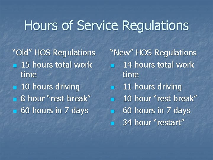 Hours of Service Regulations “Old” HOS Regulations n 15 hours total work time n