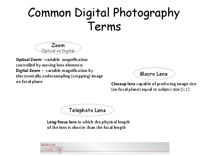 Common Digital Photography Terms Zoom Optical vs Digital Optical Zoom –variable magnification controlled by