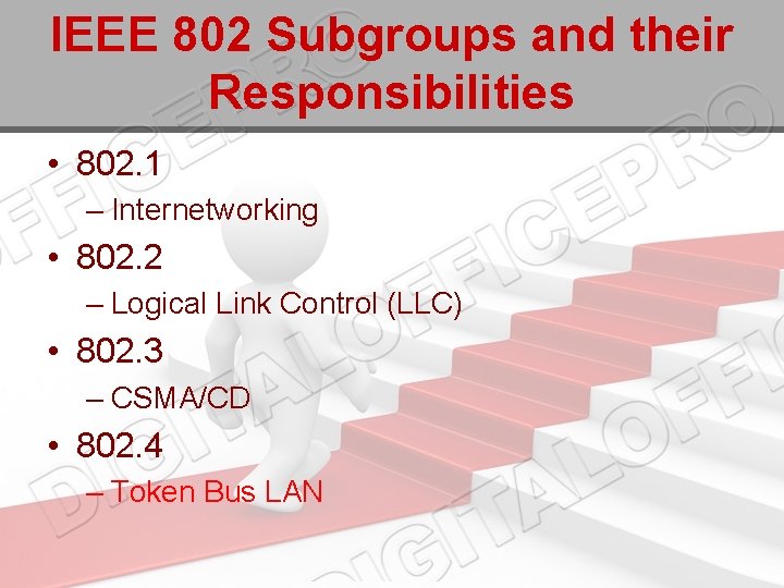 IEEE 802 Subgroups and their Responsibilities • 802. 1 – Internetworking • 802. 2