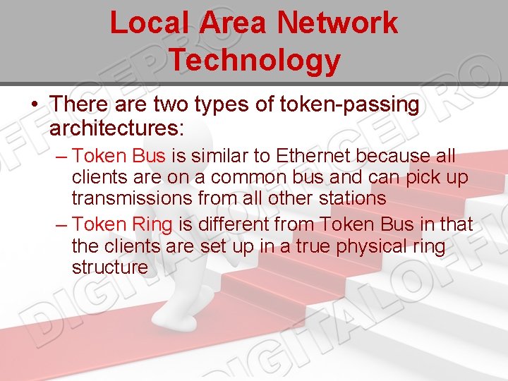 Local Area Network Technology • There are two types of token-passing architectures: – Token