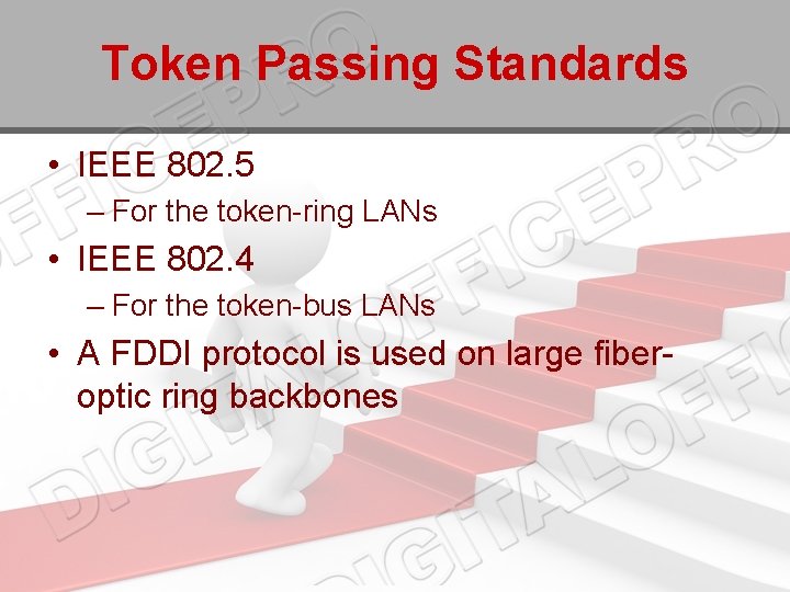 Token Passing Standards • IEEE 802. 5 – For the token-ring LANs • IEEE