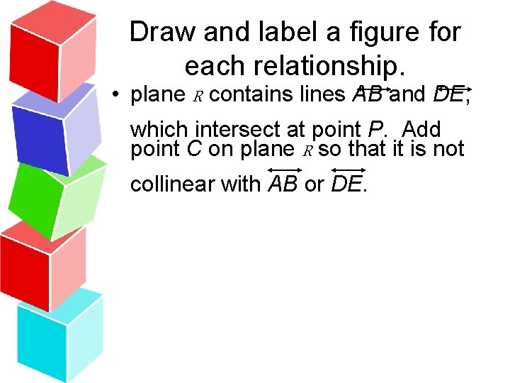 Draw and label a figure for each relationship. • plane R contains lines AB