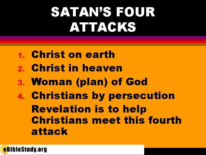 SATAN’S FOUR ATTACKS 1. 2. 3. 4. Christ on earth Christ in heaven Woman