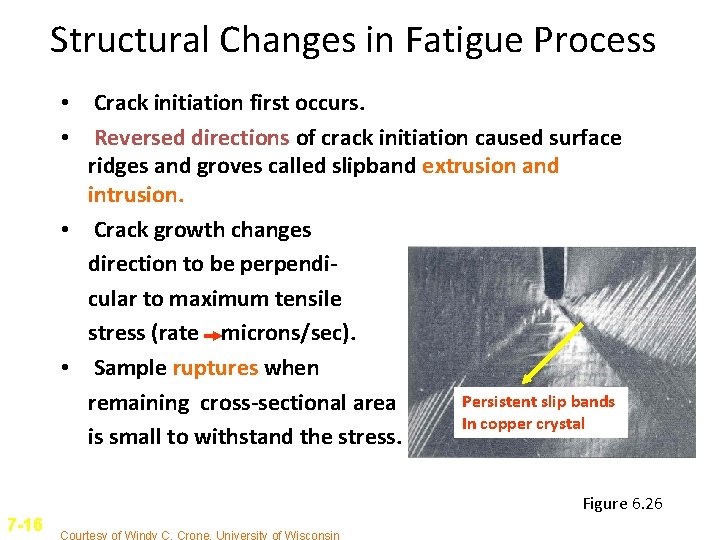 Structural Changes in Fatigue Process • Crack initiation first occurs. • Reversed directions of