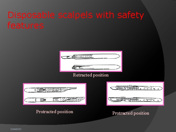 Disposable scalpels with safety features Retracted position Protracted position 2/24/2021 Protracted position 