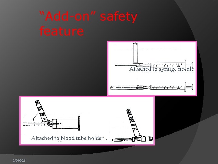 “Add-on” safety feature Attached to syringe needle Attached to blood tube holder 2/24/2021 