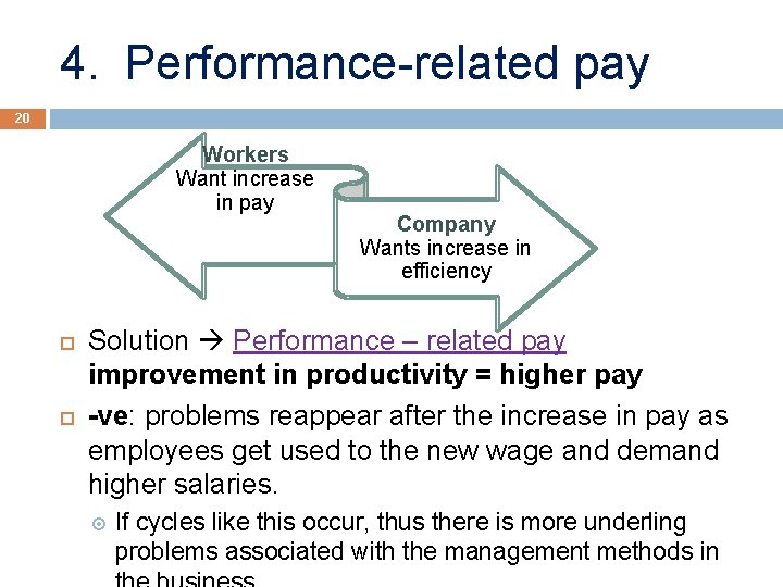 4. Performance-related pay 20 Workers Want increase in pay Company Wants increase in efficiency