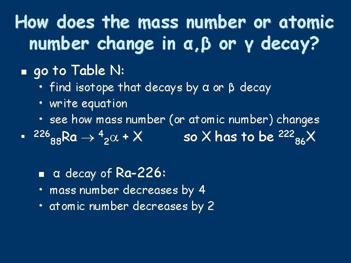 How does the mass number or atomic number change in α, β or γ