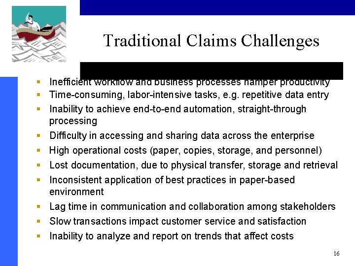 Traditional Claims Challenges § Inefficient workflow and business processes hamper productivity § Time-consuming, labor-intensive